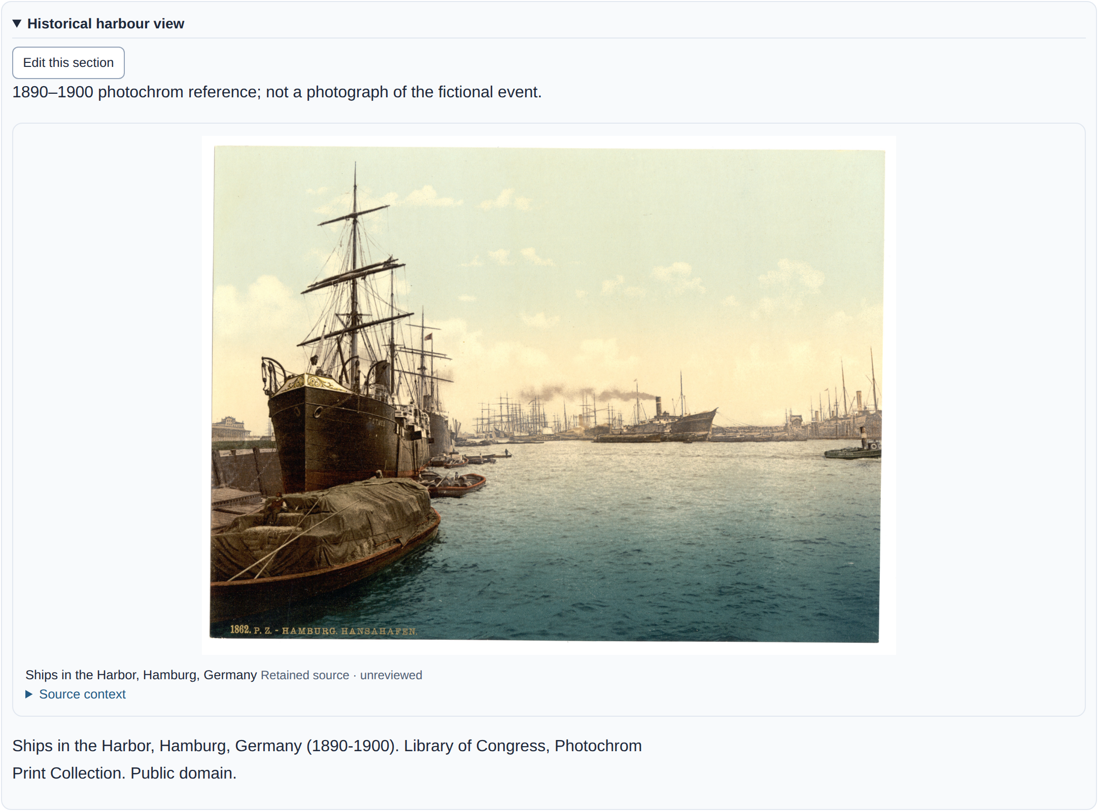 Historical Hamburg harbour view retained in a research dossier with source provenance